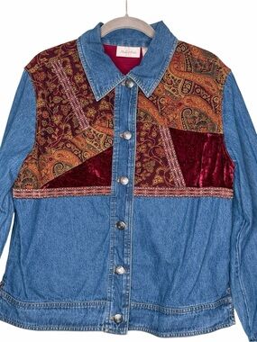 Studio Works Blue Denim Jacket with Burgundy Velvet & Paisley Patchwork Panels